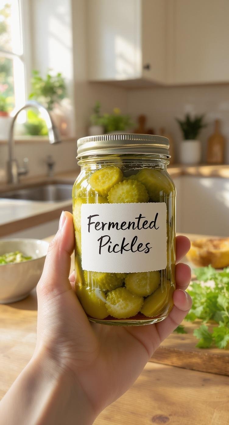 A jar of fermented pickles held in a hand, showcasing the label with the word 'Fermented' prominently displayed.