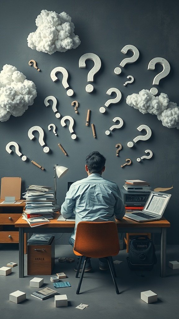 A person sitting at a desk with stacks of papers, looking at question marks floating above, symbolizing uncertainty.