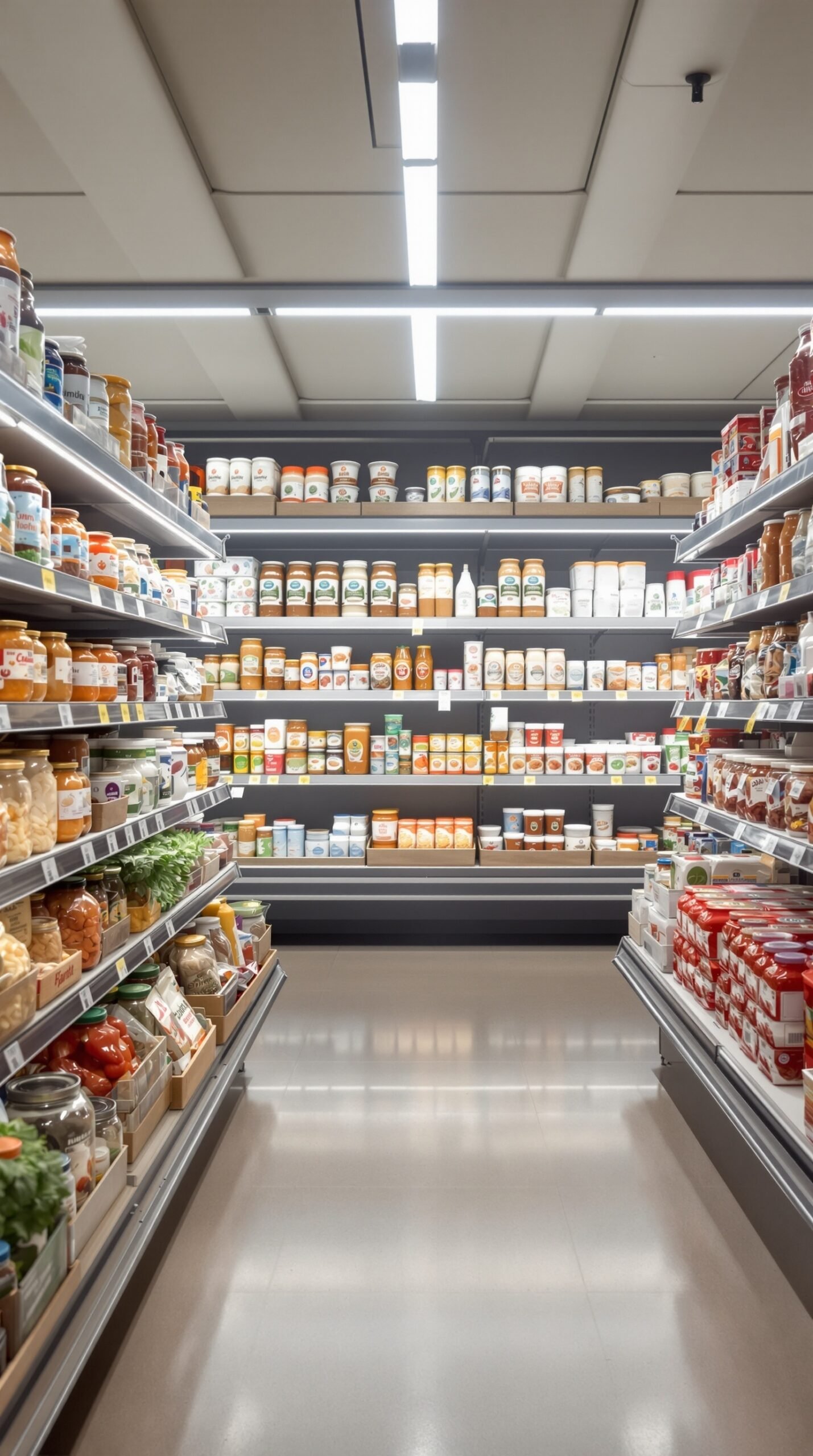 A grocery store aisle filled with jars and bottles of various fermented foods.
