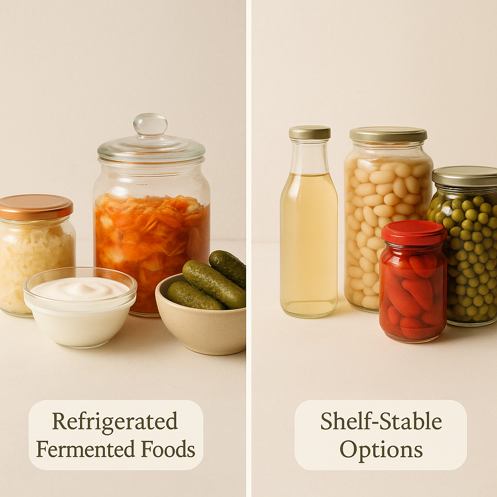 A split image showing a refrigerator filled with various fermented foods on the left and shelf-stable fermented foods on the right.