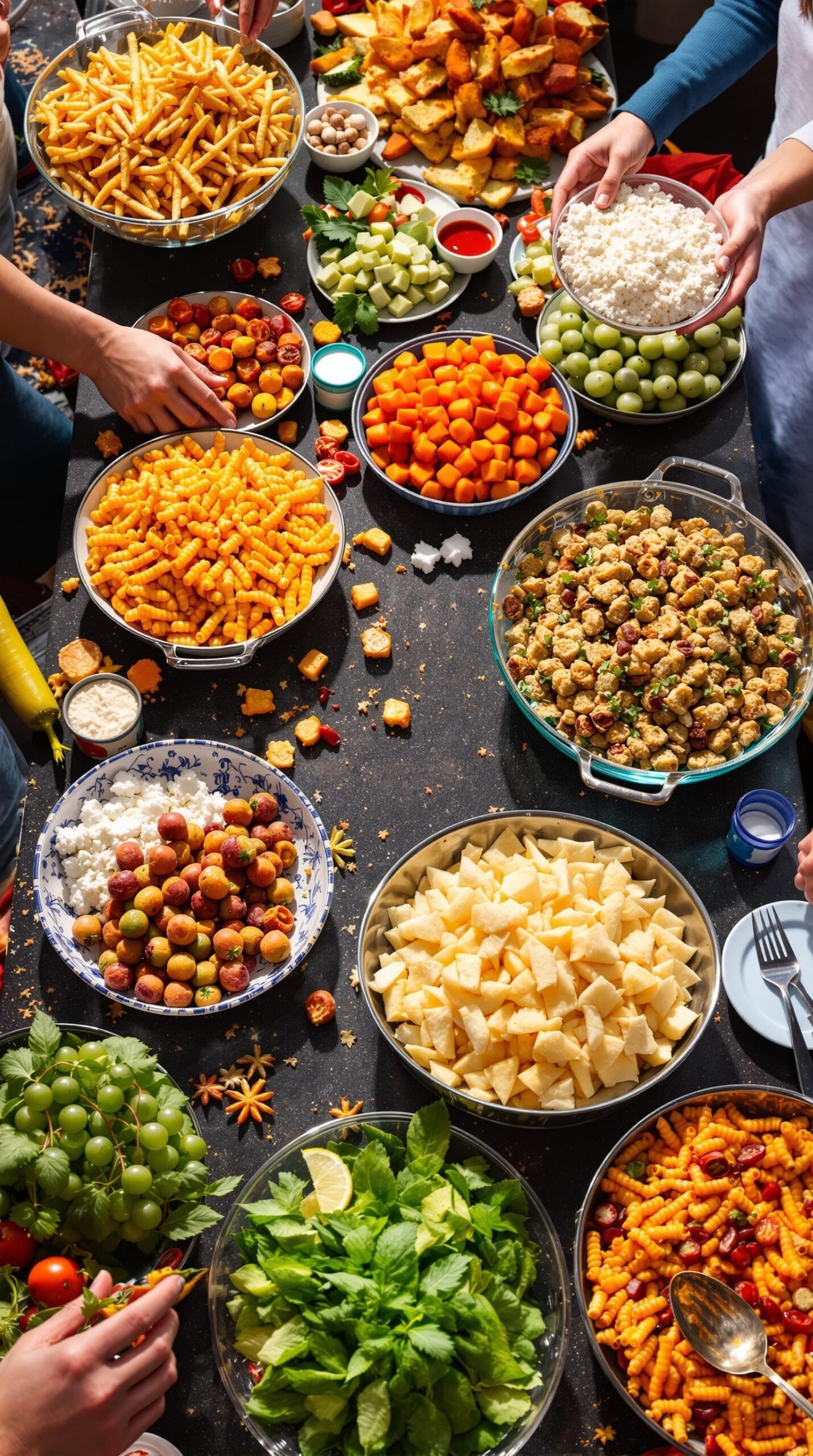 A vibrant table filled with various foods for a potluck, showcasing colorful bowls and a variety of ingredients.