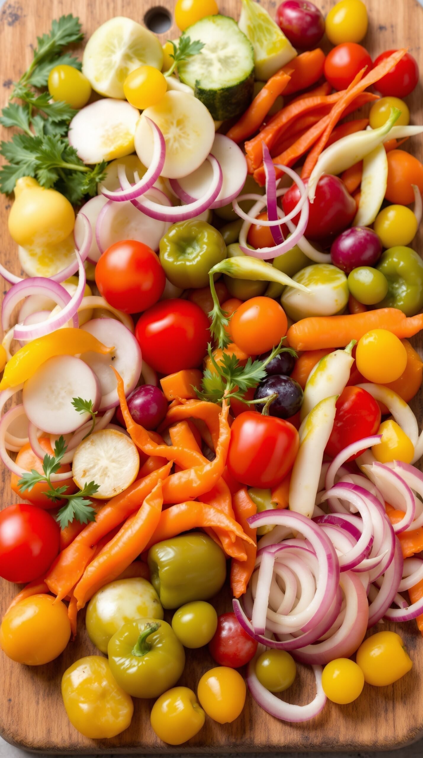 A colorful assortment of pickled vegetables arranged on a wooden platter.