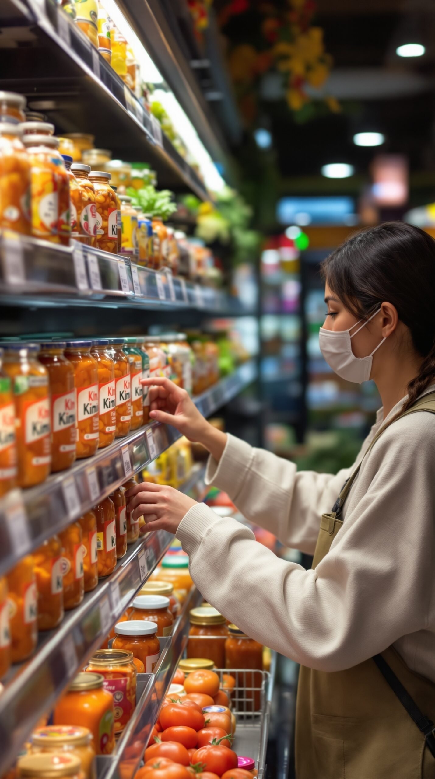 A person shopping for fermented foods, examining jars on a store shelf.