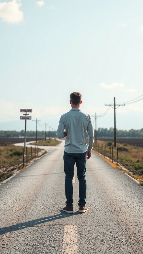 A person standing on a road, looking towards the horizon, symbolizing decision-making and clarity.