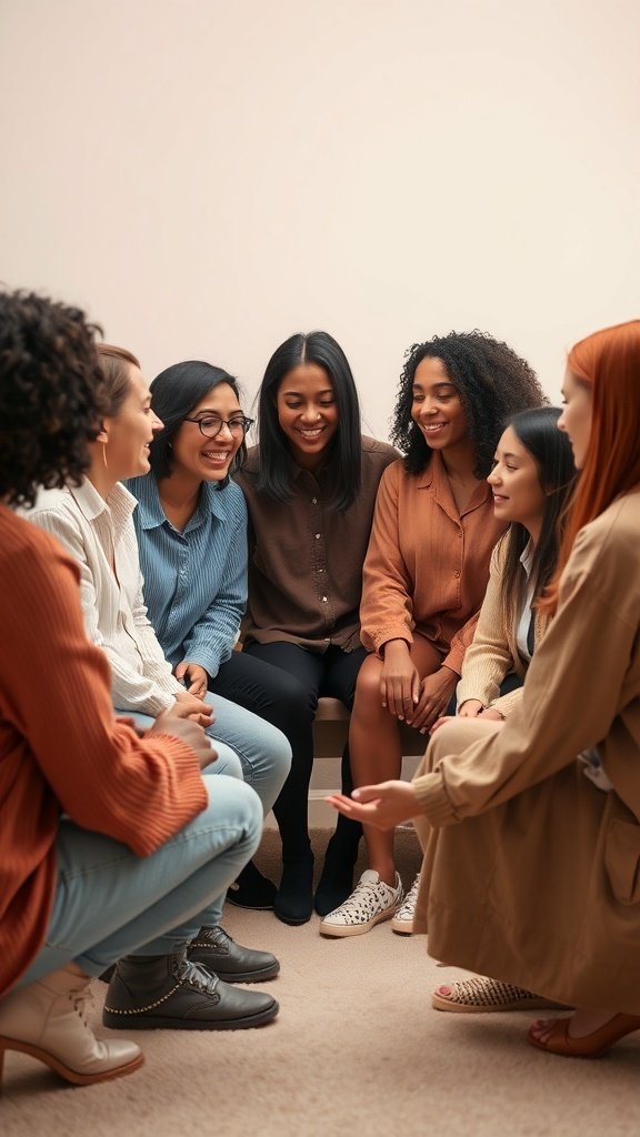 A group of women sitting together, smiling and engaging in conversation.