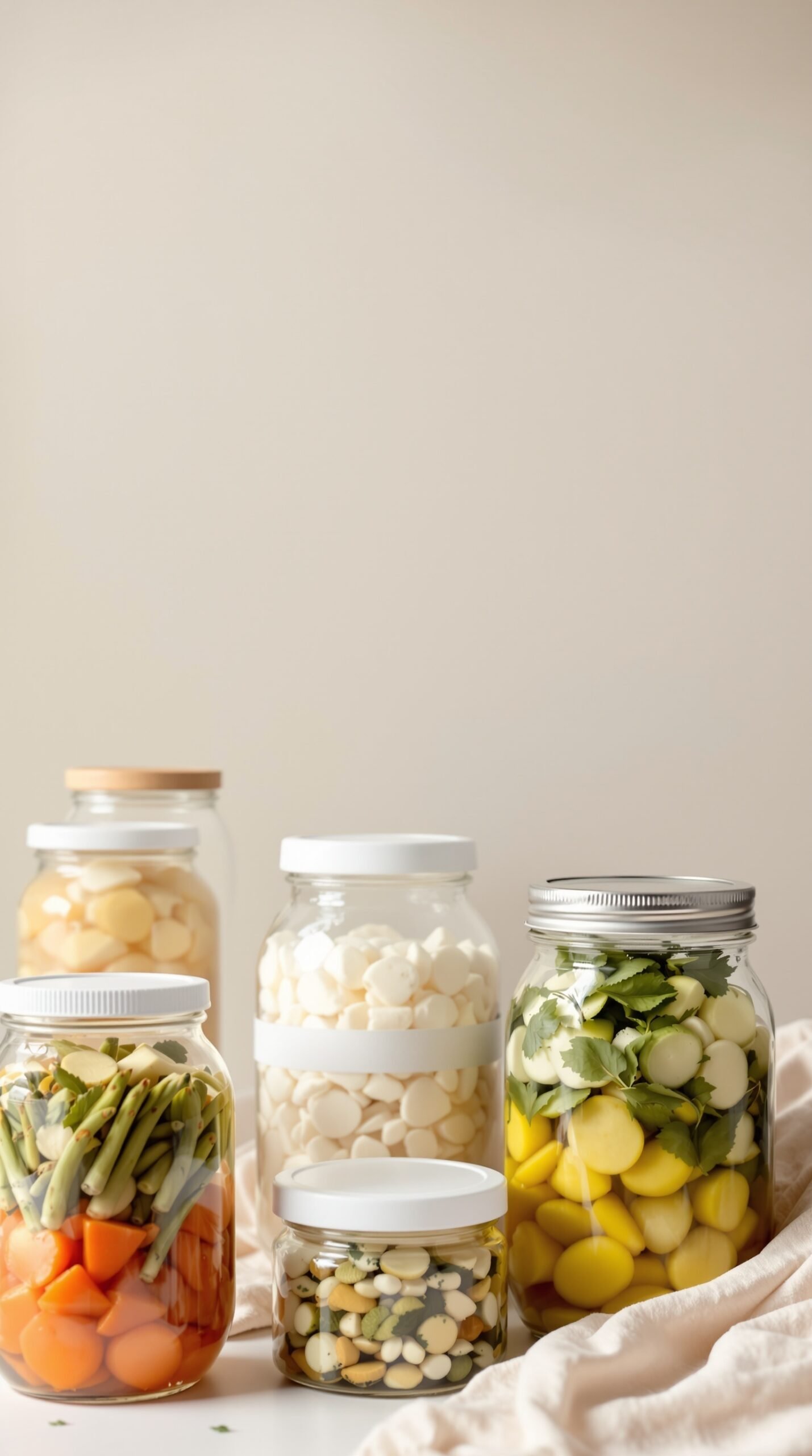 A collection of glass jars filled with colorful fermented foods, showcasing various ingredients like vegetables and herbs.