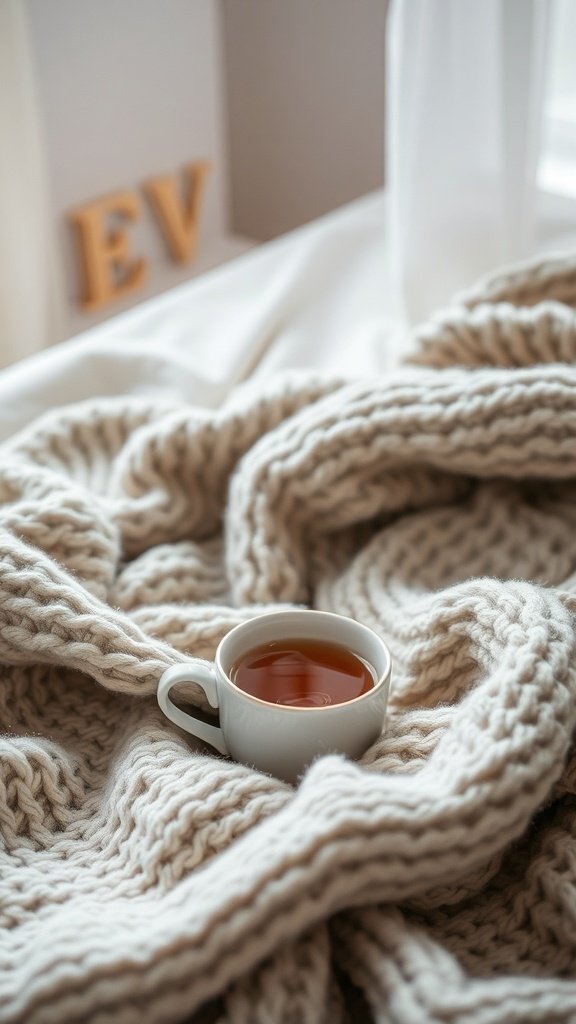 A cozy cup of tea on a soft blanket, symbolizing comfort and self-compassion.