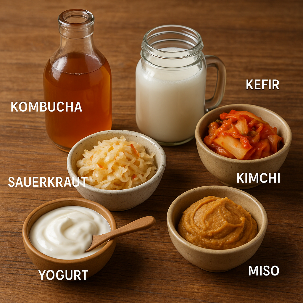 A variety of fermented foods displayed on a wooden table, including jars of pickles, grains, and drinks, showcasing options for beginners.