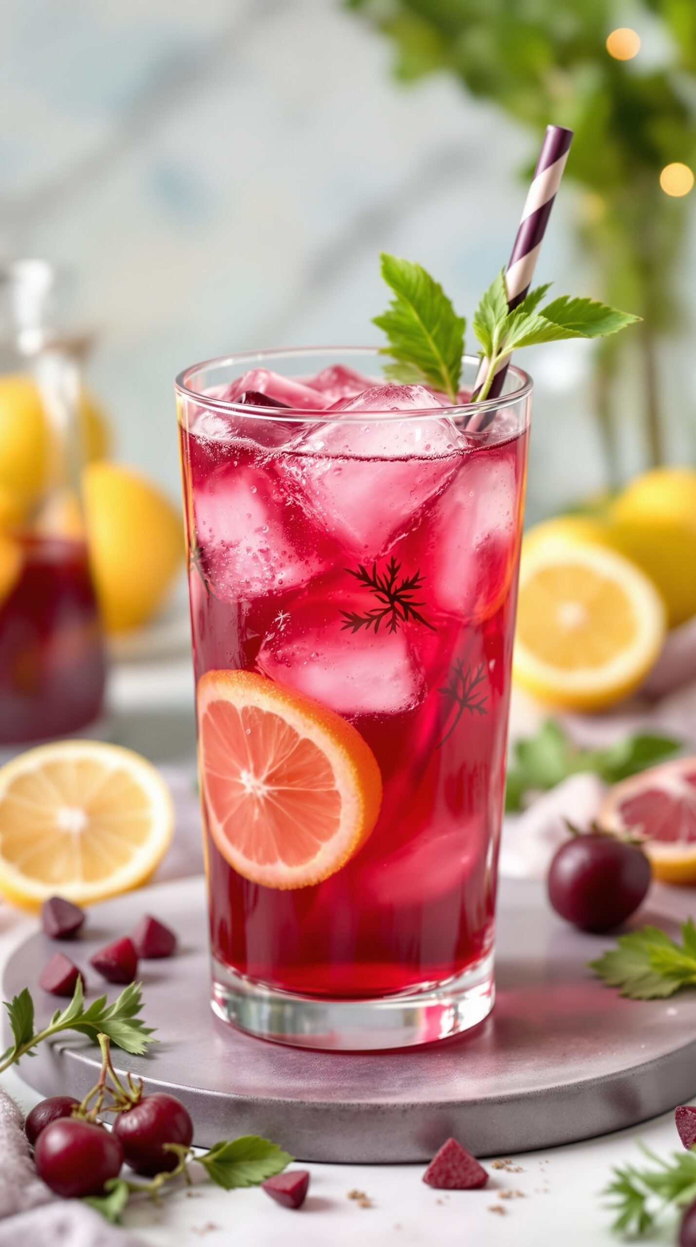 A refreshing beet kvass mocktail in a tall glass, garnished with a lemon slice and fresh herbs, surrounded by lemons and cherries.