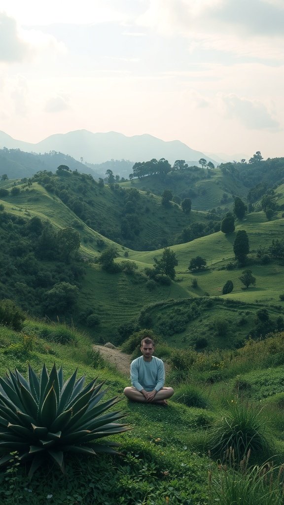 A person meditating in a serene green landscape with rolling hills.