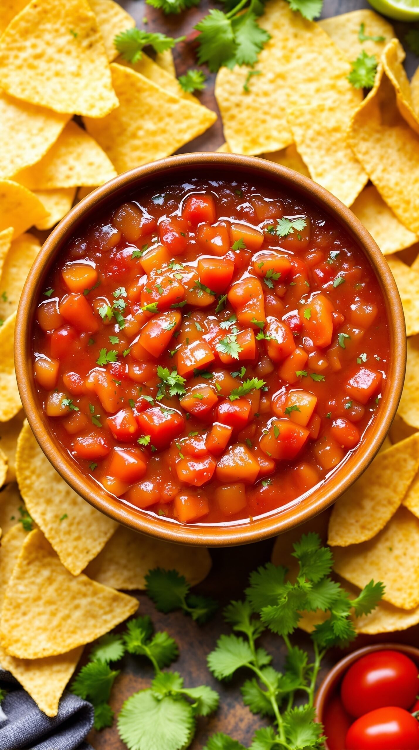 A bowl of vibrant fermented salsa surrounded by tortilla chips and fresh cilantro.