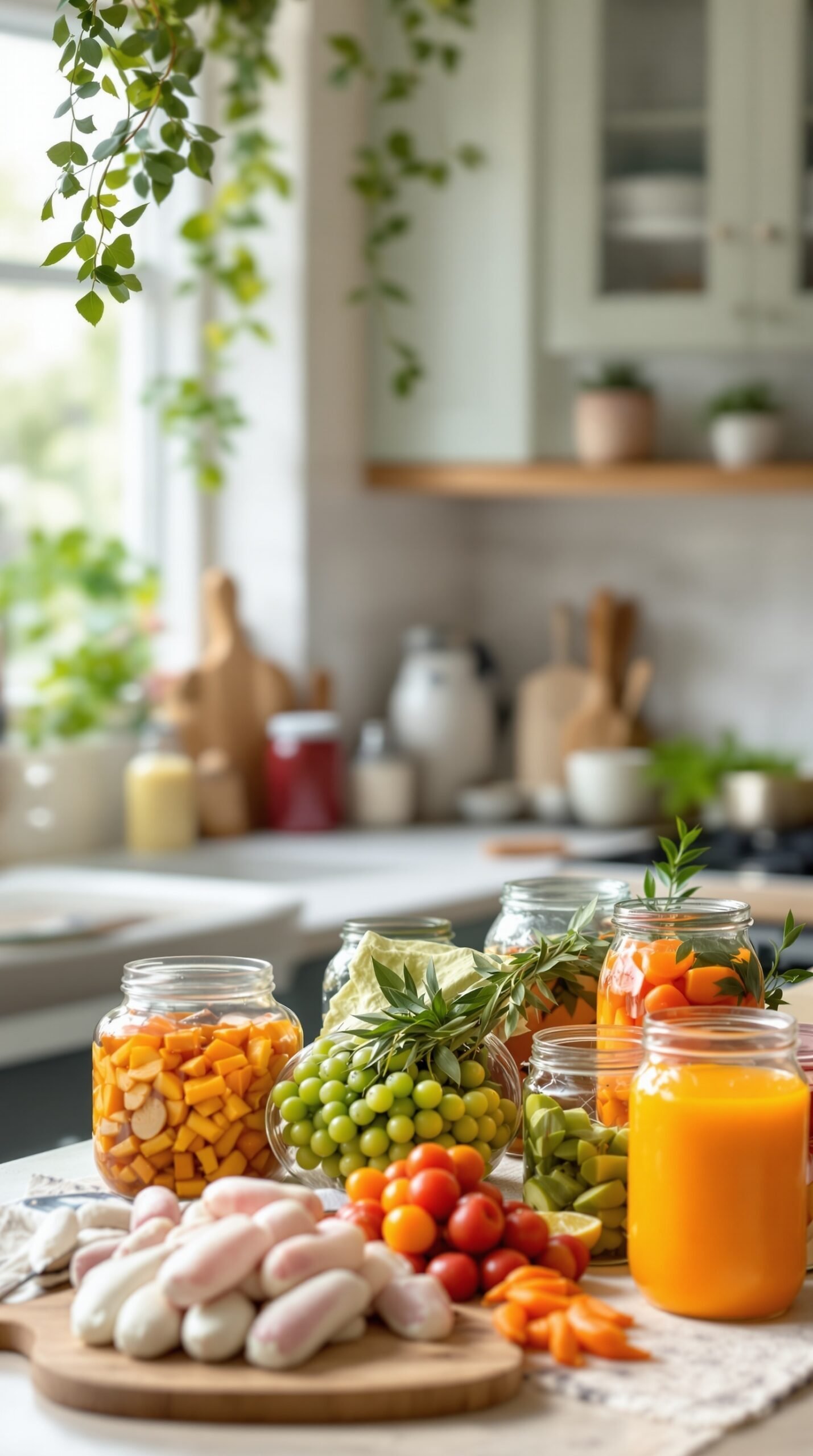 A kitchen counter filled with colorful jars of fermented vegetables and fruits, showcasing the beauty of fermentation.