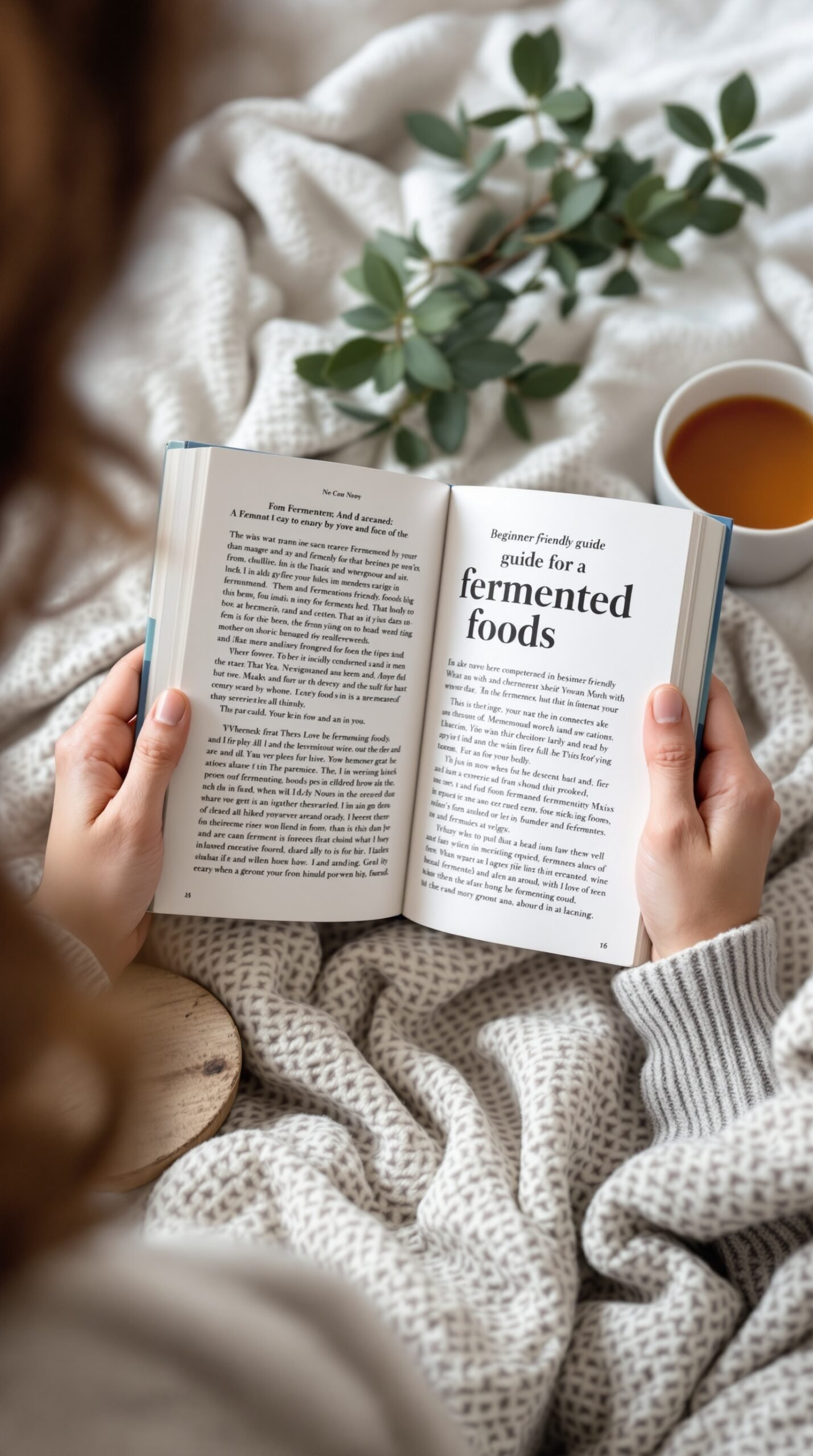 A person reading a beginner-friendly guide on fermented foods, with a cup of tea and greenery in the background.