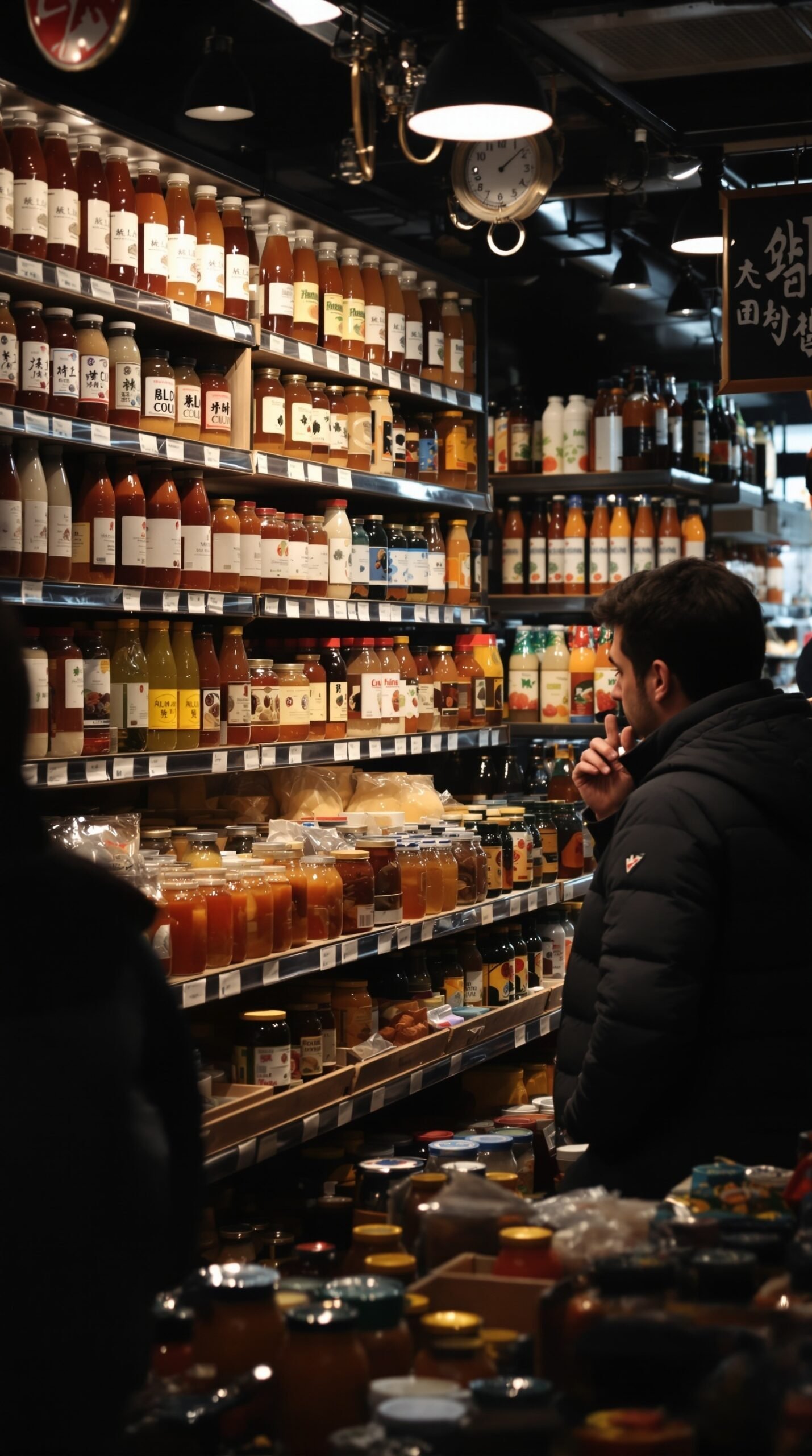 A shopper looking at a variety of fermented foods on store shelves, showcasing a range of jars and bottles.