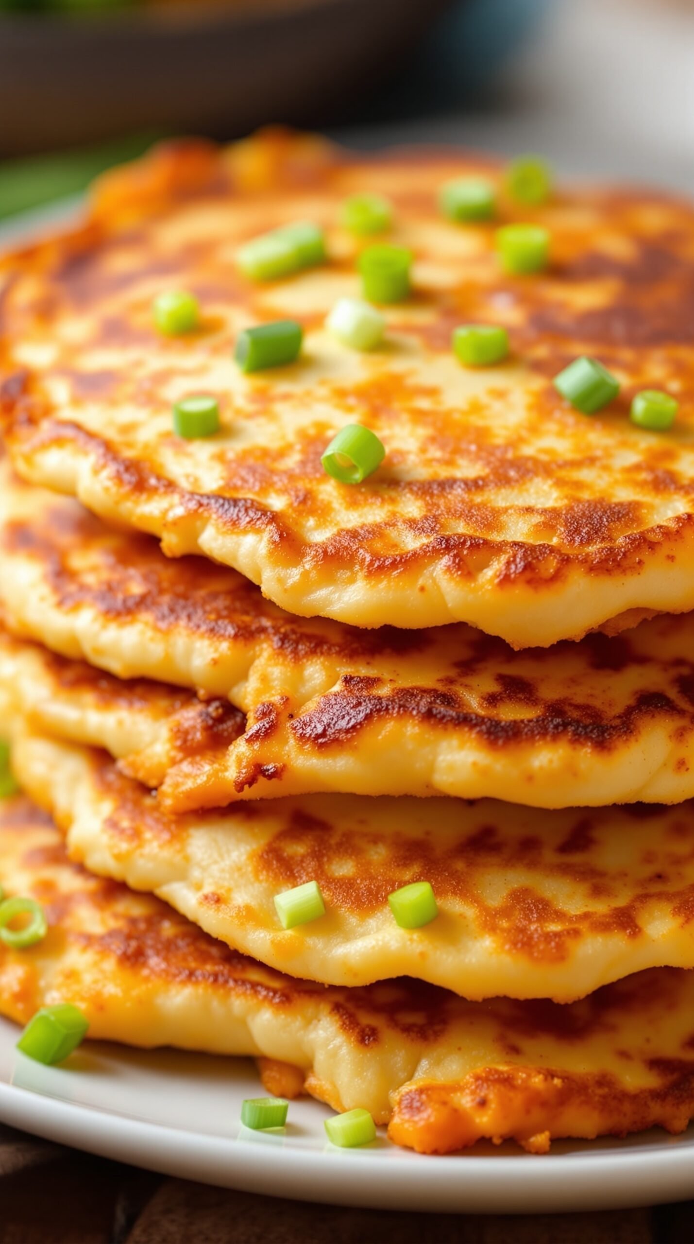 A stack of golden-brown kimchi pancakes topped with chopped green onions.