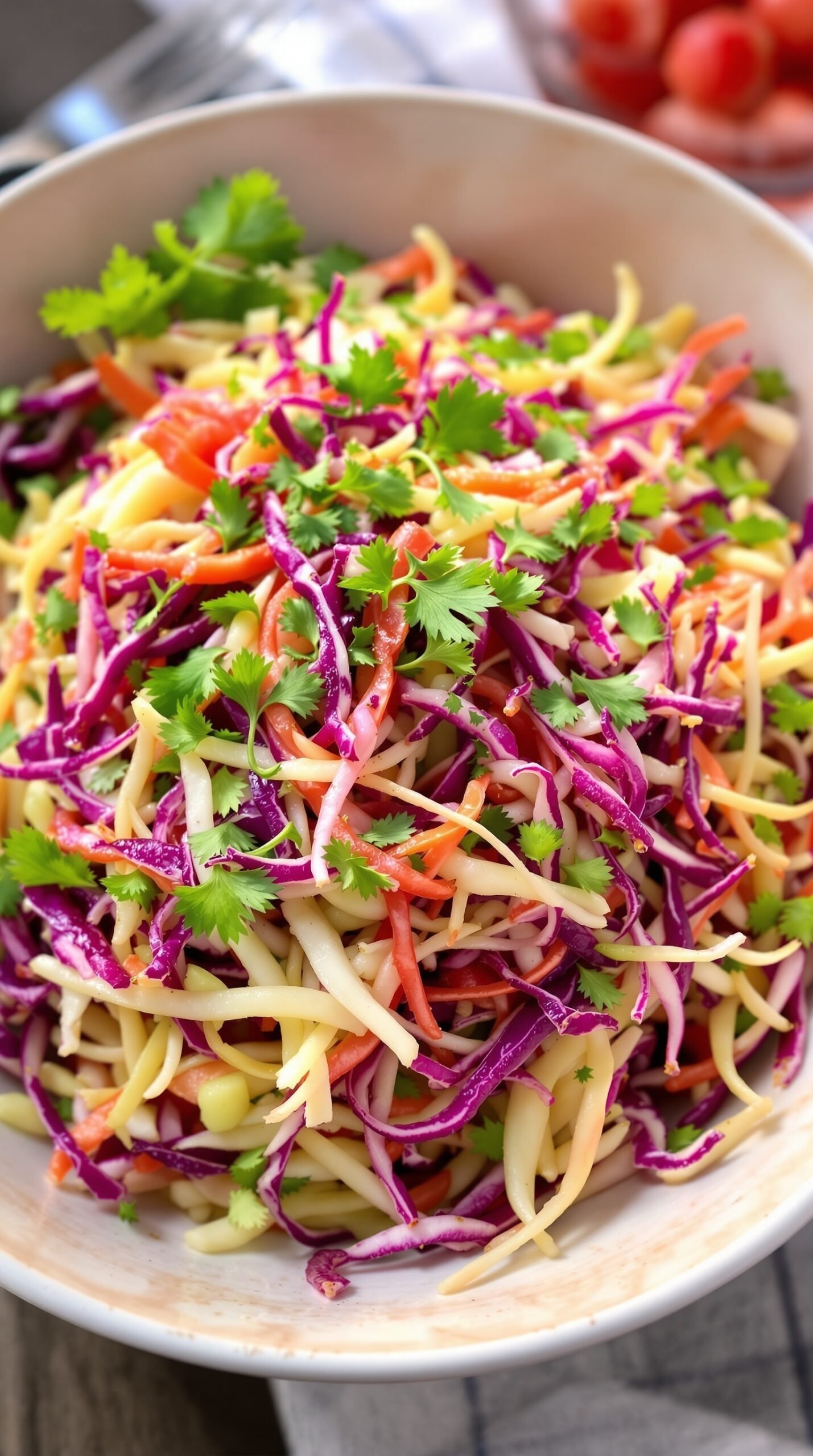 A vibrant bowl of sauerkraut slaw featuring shredded cabbage, colorful vegetables, and fresh herbs.