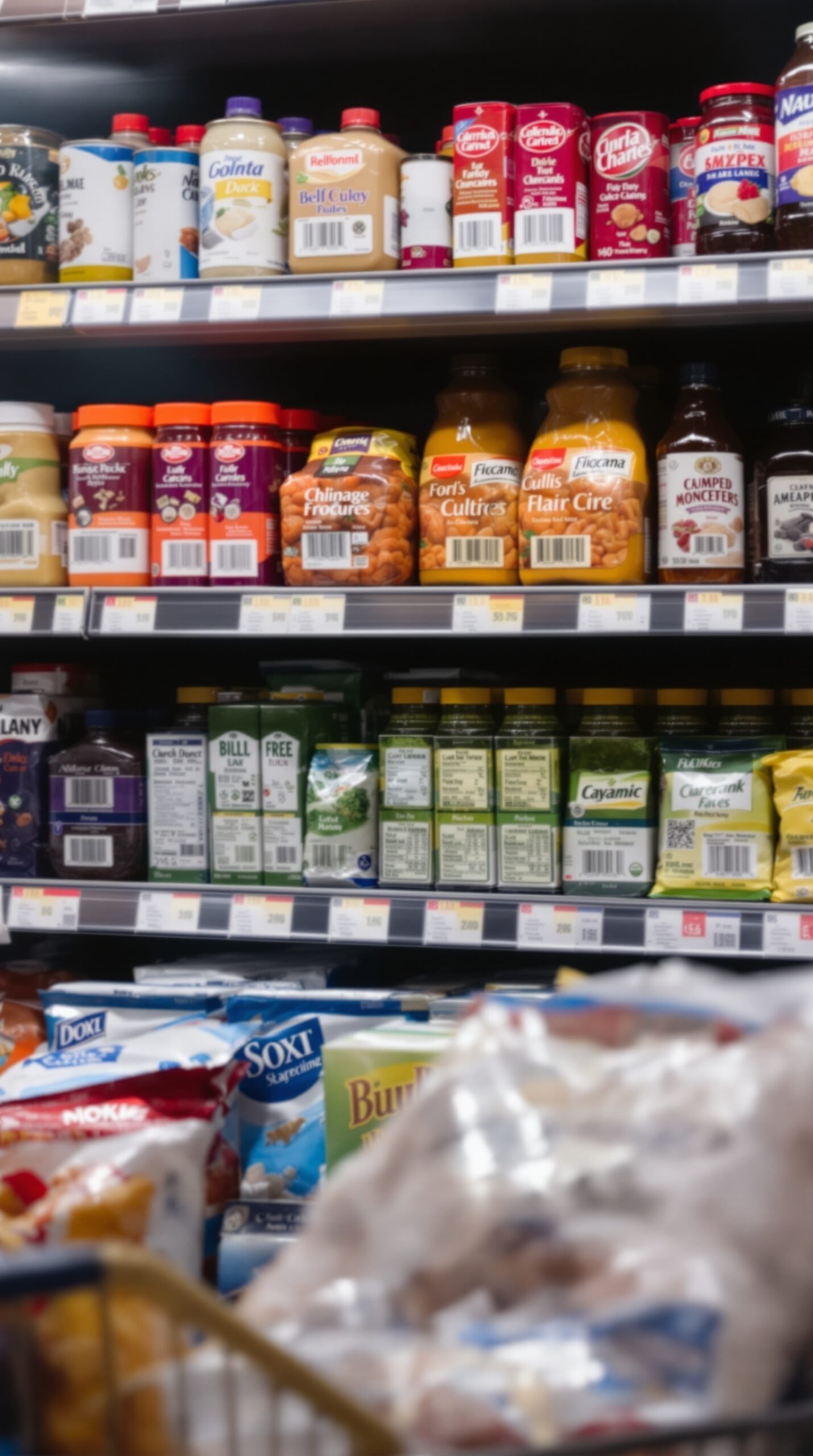 A grocery store shelf filled with various jars and bottles, showcasing a variety of products, some of which may be fermented foods.