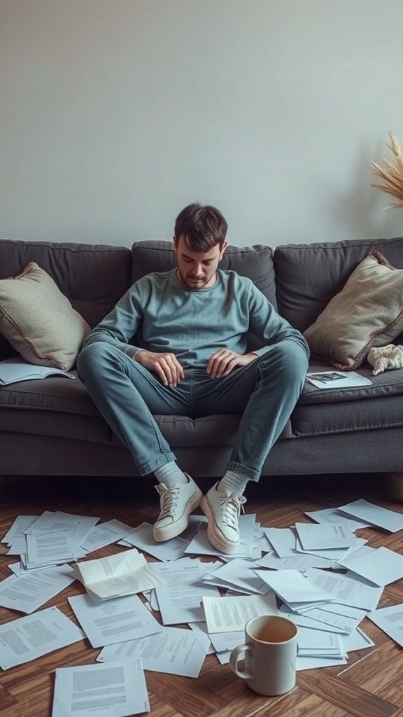 A person sitting on a couch surrounded by scattered papers, looking down thoughtfully.
