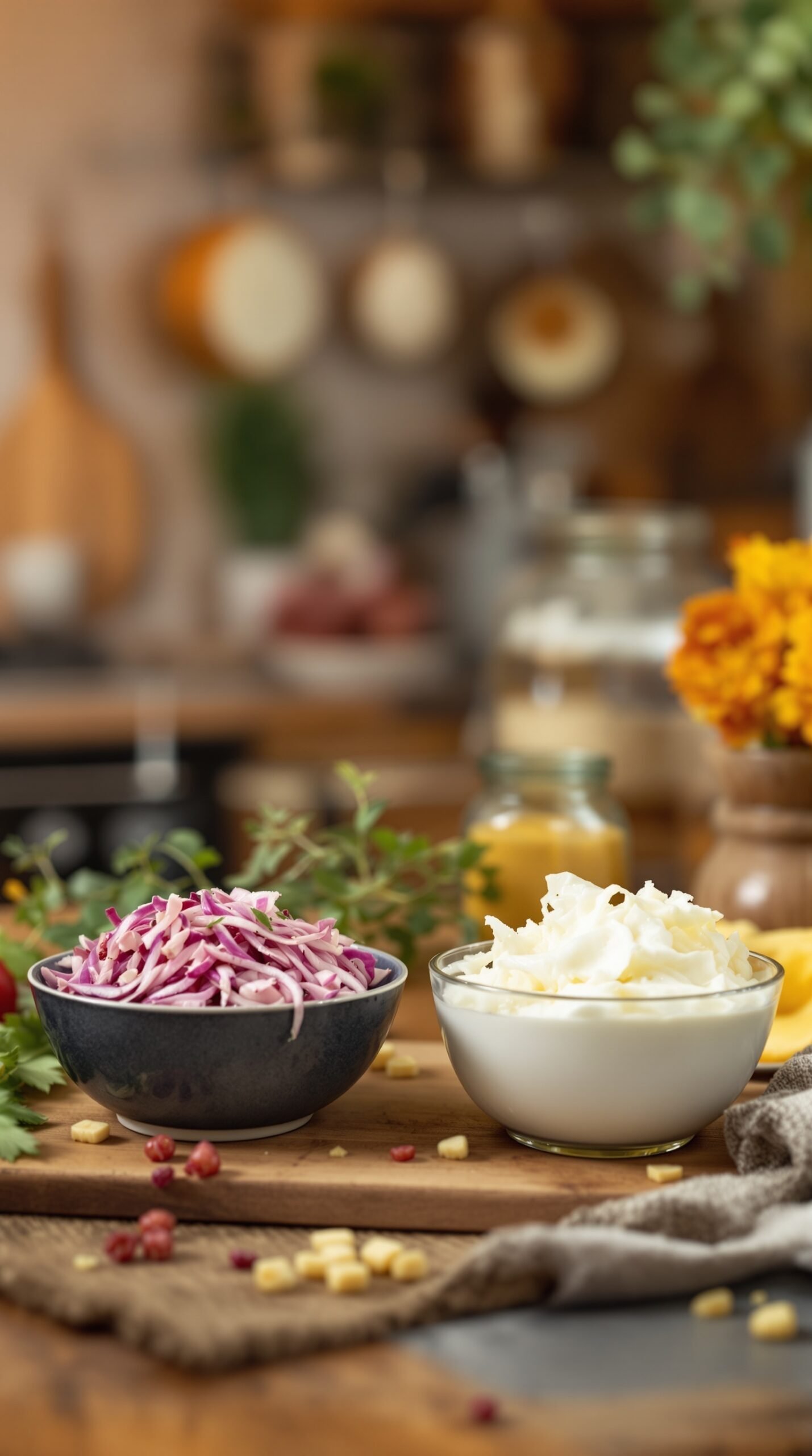 A bowl of shredded red cabbage next to a bowl of creamy fermented food, set in a cozy kitchen environment.