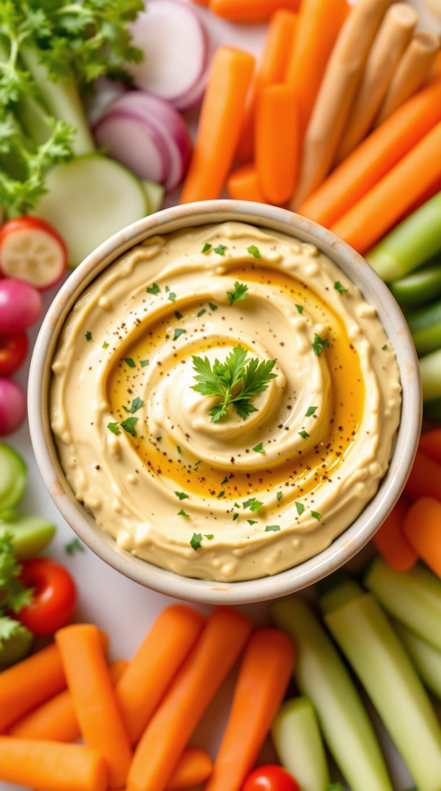 A bowl of creamy cashew dip garnished with herbs, surrounded by fresh vegetables like carrots, cucumbers, and cherry tomatoes.