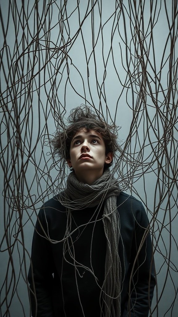 A young person looking upwards, surrounded by tangled strands, symbolizing confusion and lack of clarity.