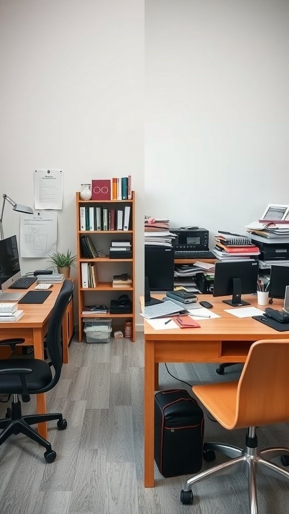 A split image showing a tidy workspace on the left and a cluttered desk on the right, representing clarity versus information overload.